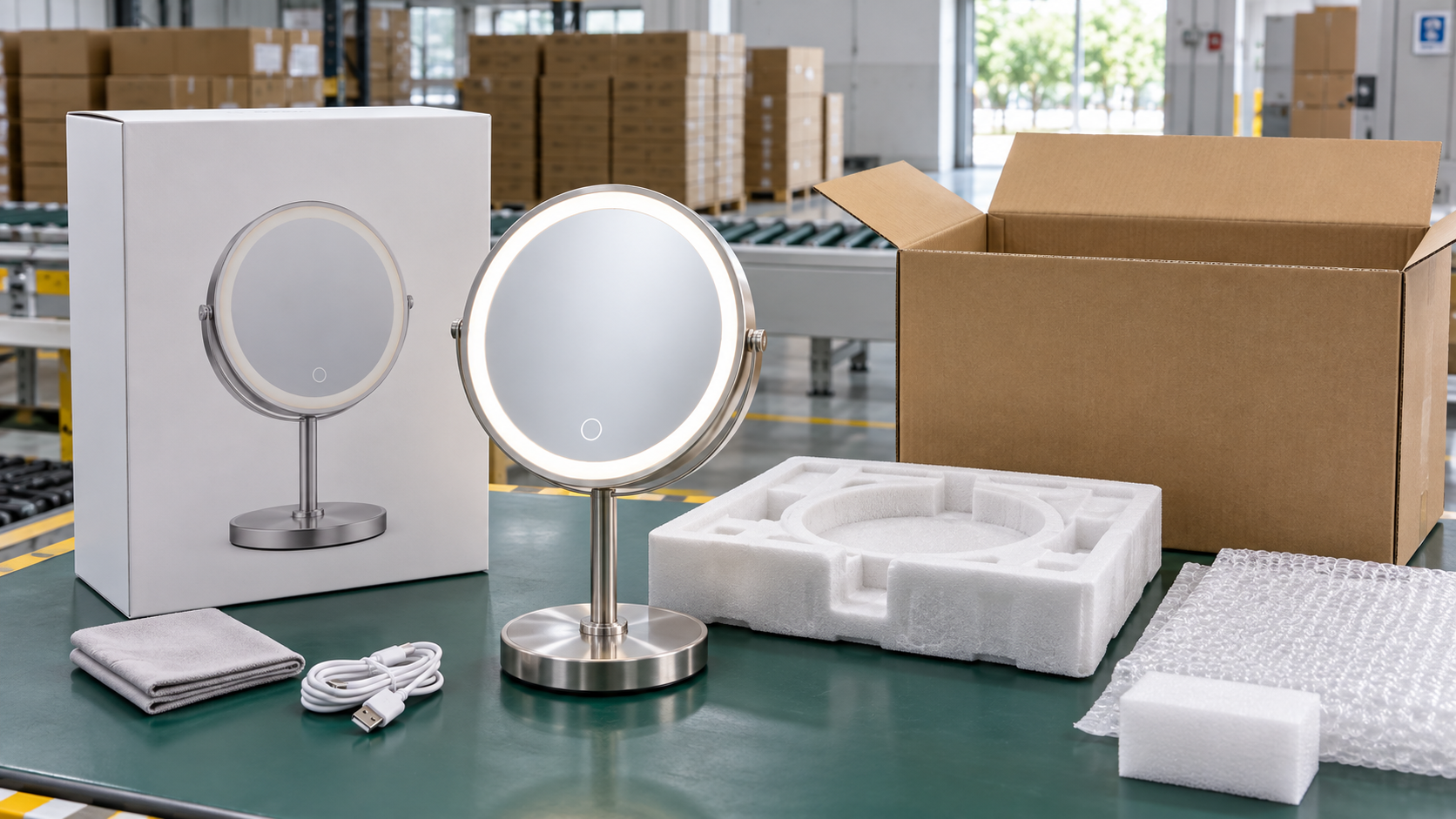 Rechargeable LED makeup mirror with protective insert, retail box and shipping carton