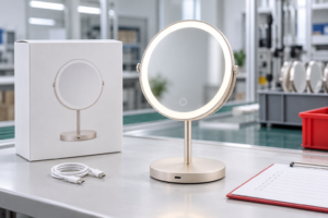 Rechargeable LED makeup mirror compliance file cover with complete mirror, USB-C cable, packaging, and QC checklist
