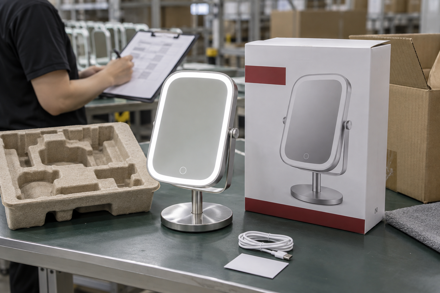 LED makeup mirror packaging and replenishment review with complete mirror, molded insert, retail box, carton, and USB cable