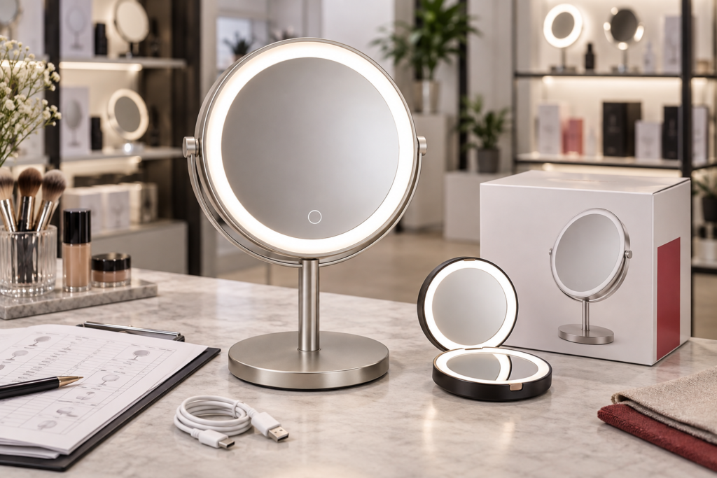 LED makeup mirror retail assortment planning cover with complete tabletop mirror, compact mirror, retail box, and sourcing sheet