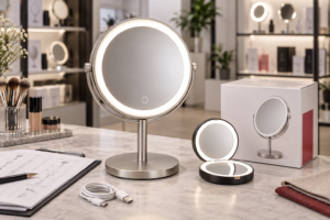 LED makeup mirror retail assortment planning cover with complete tabletop mirror, compact mirror, retail box, and sourcing sheet