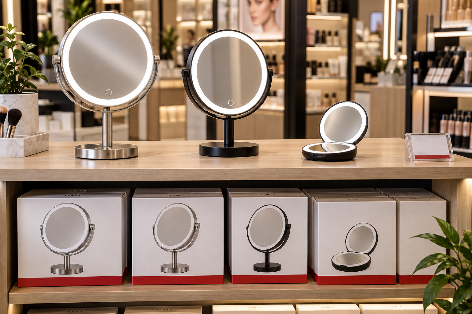 LED makeup mirror retail display with lighted tabletop mirrors, compact mirror, and private-label boxes