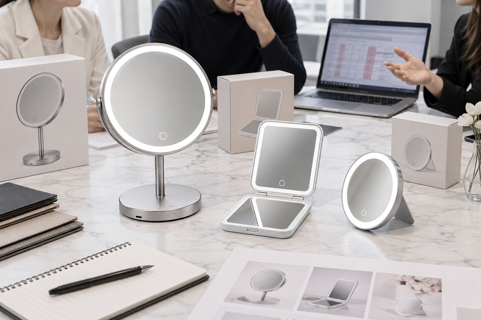 LED makeup mirror SKU assortment review with tabletop, folding compact, and travel mirror samples