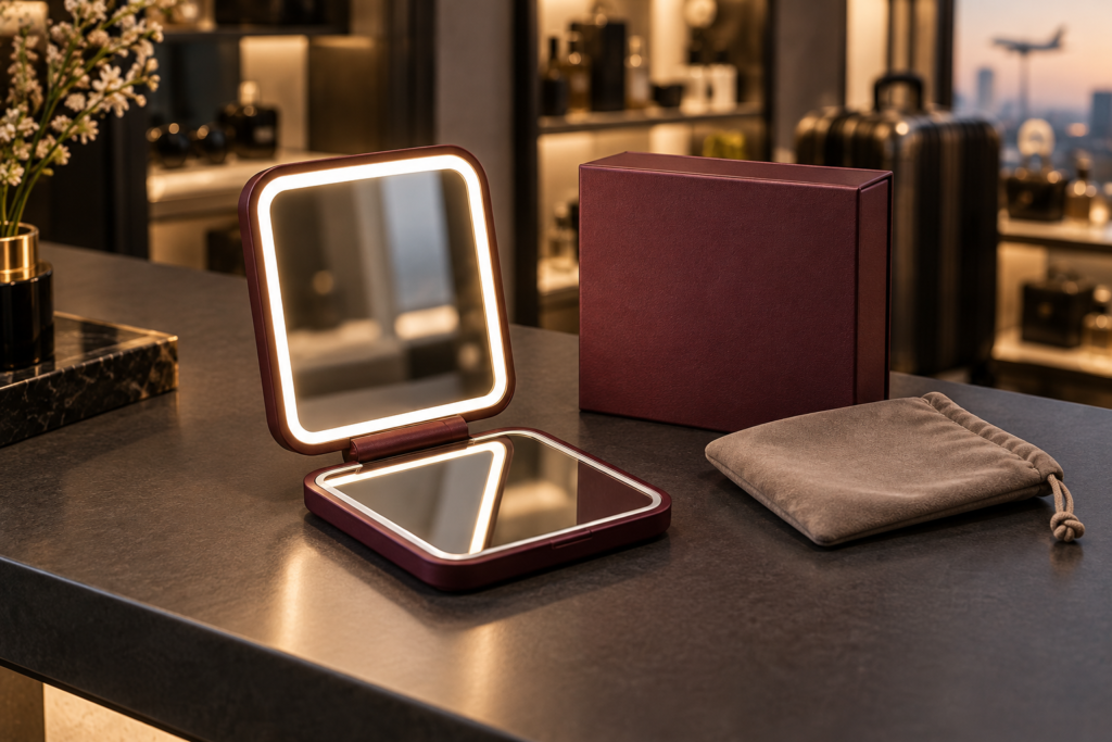 Complete burgundy square LED folding makeup mirror with gift box and travel pouch for gift and travel retail channel planning