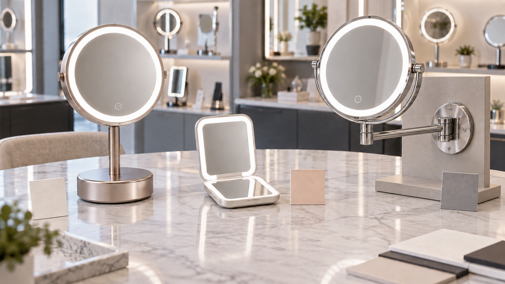 LED tabletop and compact mirrors beside a wall-mounted LED mirror fixed to a stable showroom demonstration panel