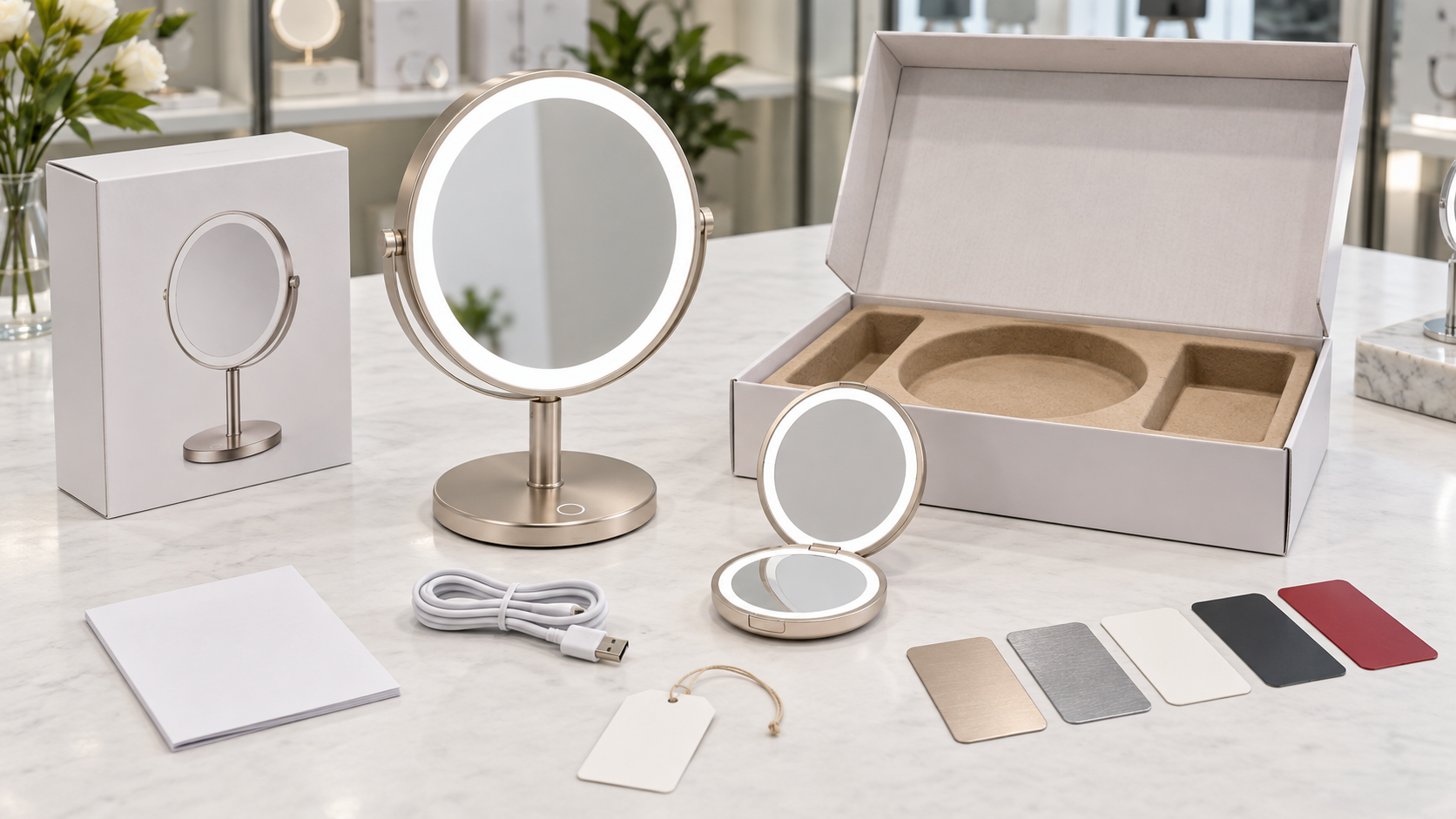 LED makeup mirror private-label approval with packaging insert, USB cable, blank leaflet, hangtag, and finish swatches