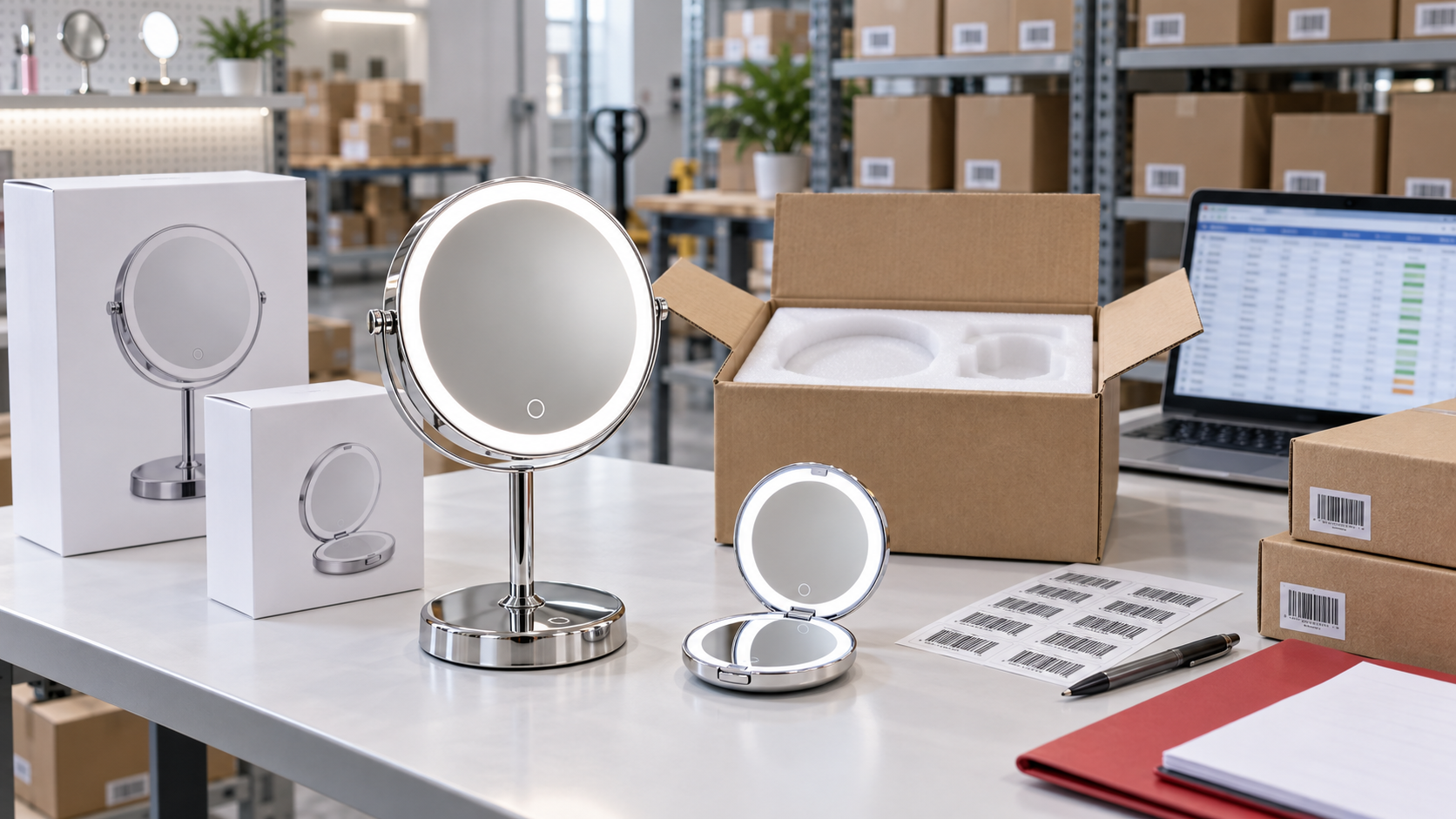 LED makeup mirror replenishment planning with complete mirrors, boxes, carton insert, and inventory review