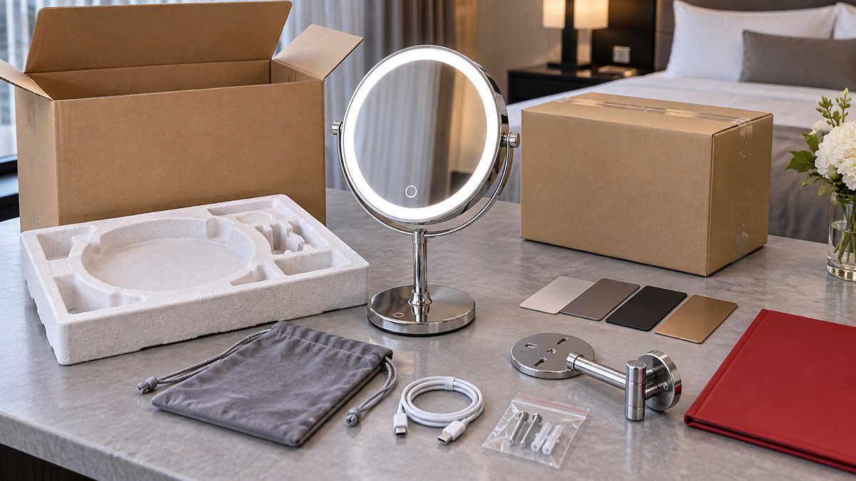 Hotel project LED makeup mirror packaging, accessory, and delivery-control setup
