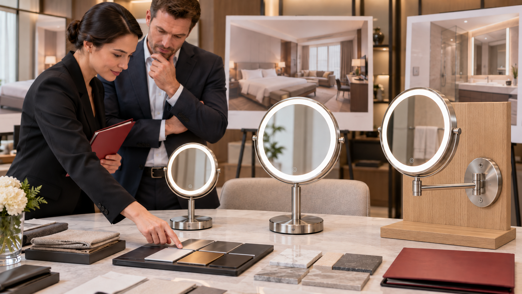 Hotel buyers compare LED tabletop mirrors with a wall-mounted mirror securely fixed to a stable demonstration panel
