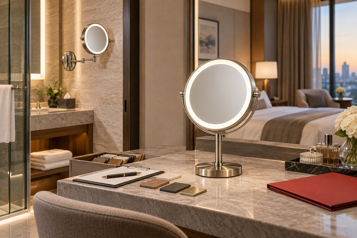 Complete LED makeup mirror in a premium hotel suite vanity scene for project specification