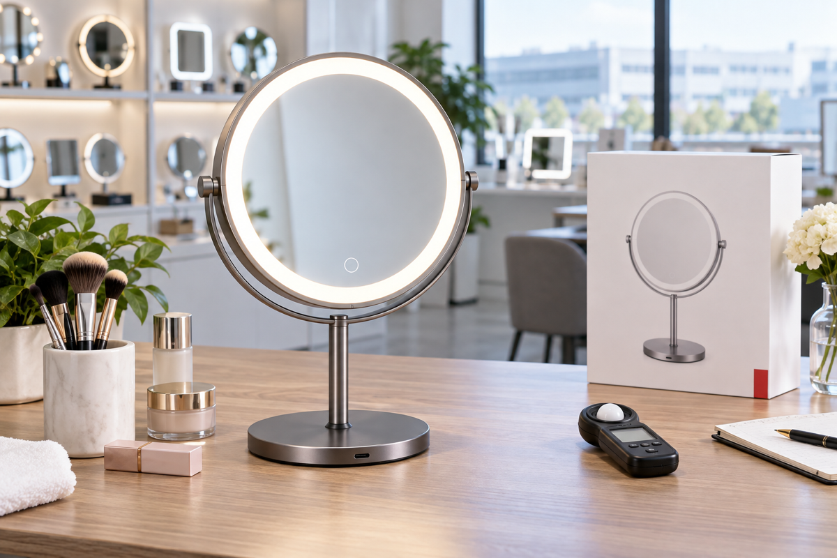 Complete LED makeup mirror prepared for brightness range approval on a buyer sample review table