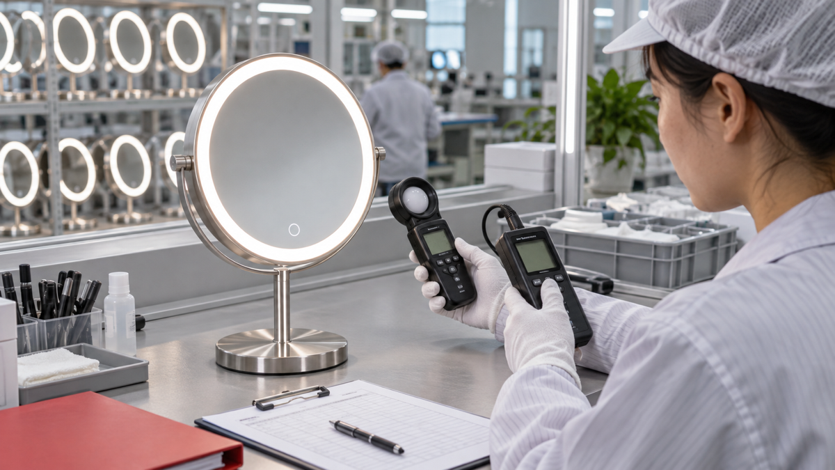 Factory QC brightness and color temperature testing for a complete LED makeup mirror sample