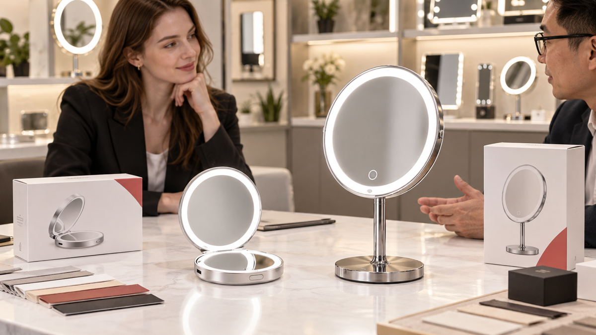 Retail buyer review of rechargeable and tabletop LED makeup mirror samples for different sales channels