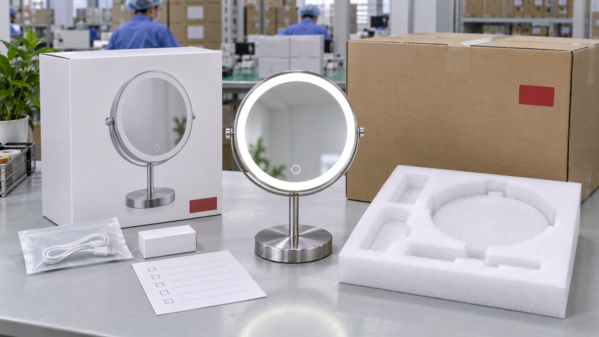 LED makeup mirror packaging approval setup with protective insert, cable pouch, retail box, and master carton