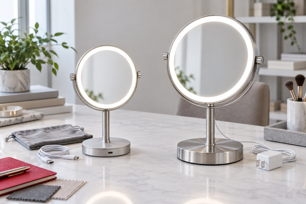 Cordless and plug-in LED makeup mirrors compared on a showroom table