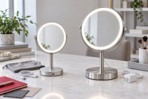 Cordless and plug-in LED makeup mirrors compared on a showroom table