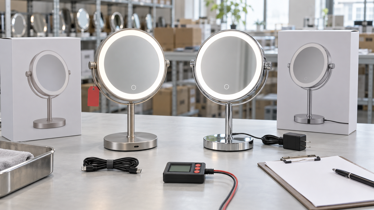Cordless and plug-in LED makeup mirror QC and accessory approval scene