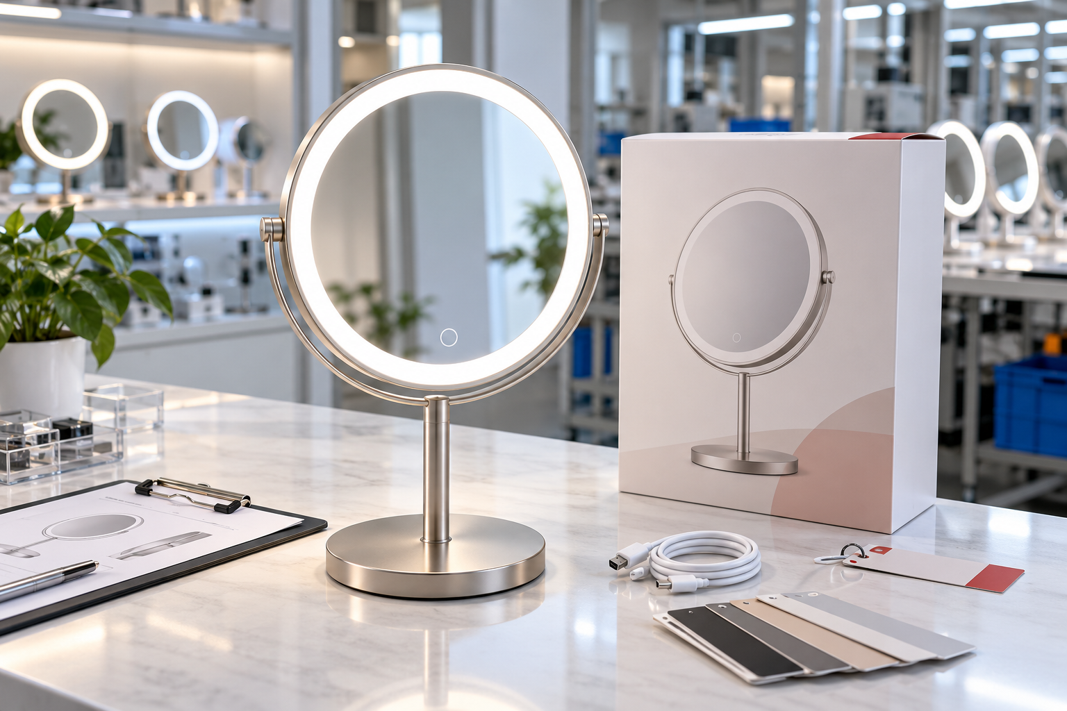 Custom LED makeup mirror sample approval cover with complete LED mirror, packaging, USB-C cable, finish swatches, and QC documents