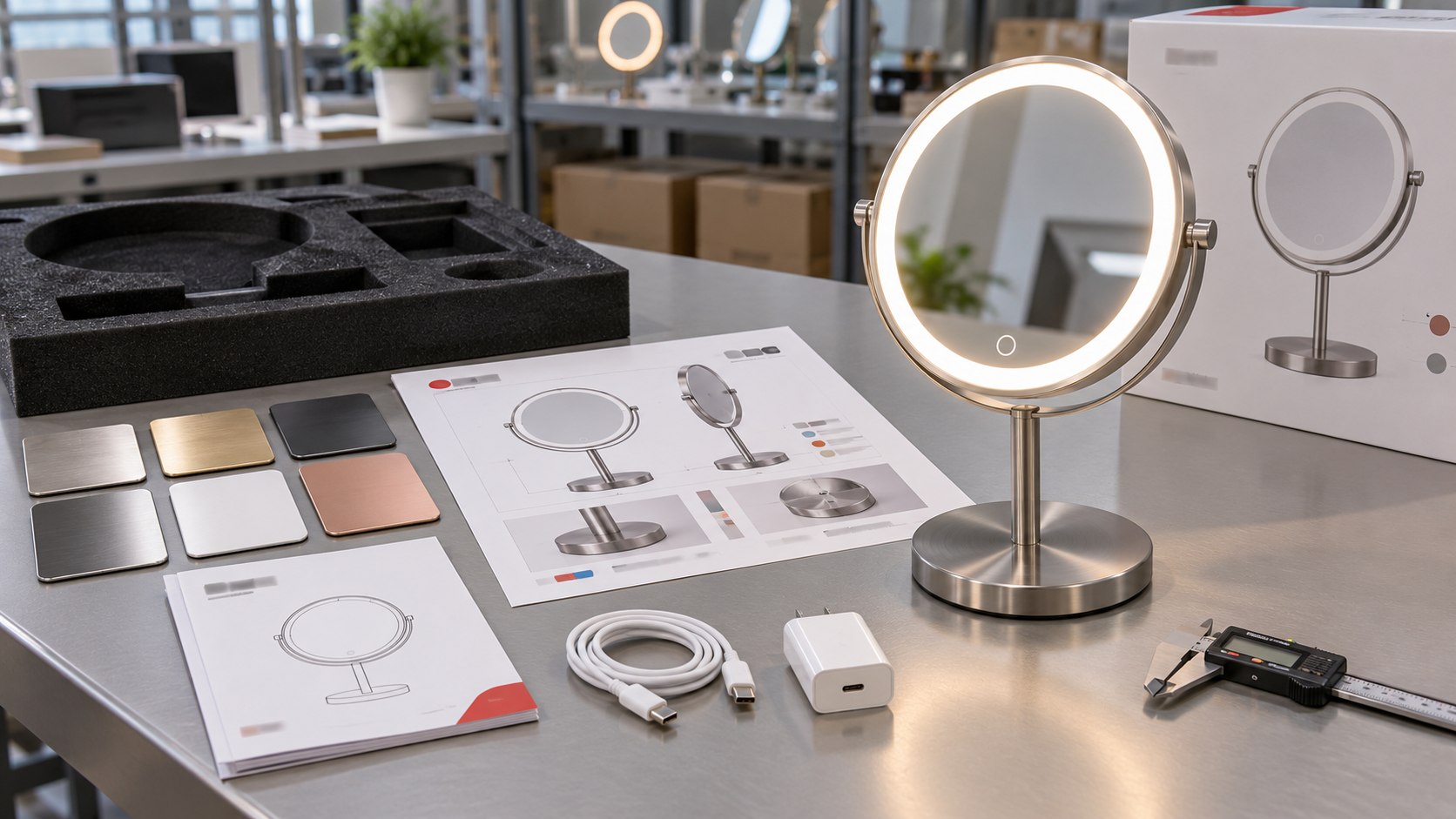 Custom LED makeup mirror OEM sample approval table with finish swatches, documents, USB-C cable, adapter, foam insert, and QC tools