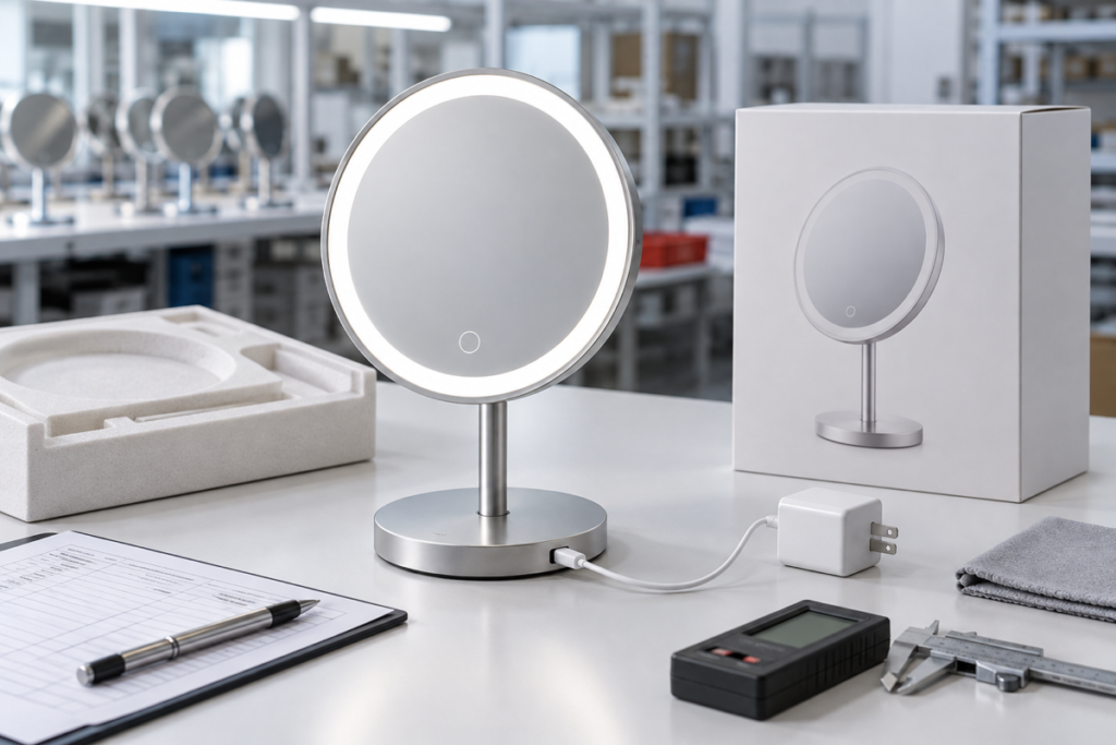 Rechargeable LED makeup mirror charging QC cover with complete mirror, USB-C cable, adapter, packaging insert, and inspection tools