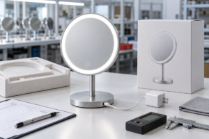 Rechargeable LED makeup mirror charging QC cover with complete mirror, USB-C cable, adapter, packaging insert, and inspection tools