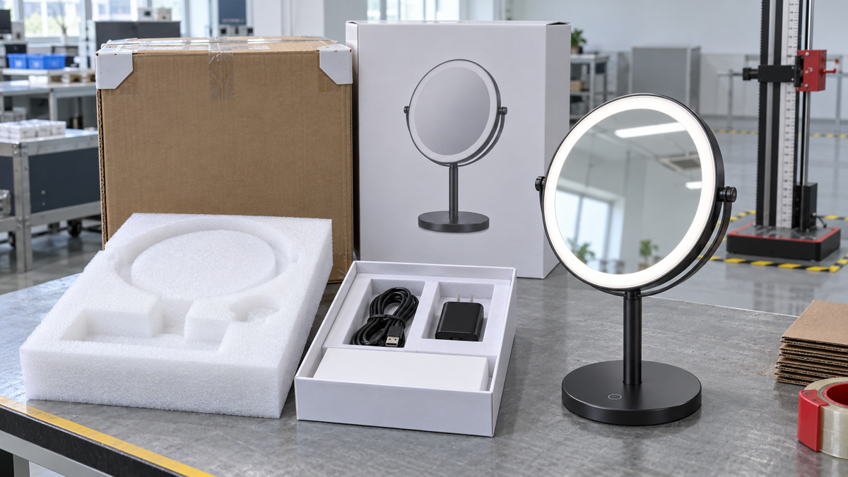 LED makeup mirror packaging test bench with complete mirror foam insert accessory tray and master carton