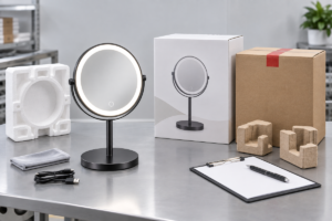 LED makeup mirror e-commerce packaging damage prevention cover with complete mirror foam insert carton retail box and QC clipboard