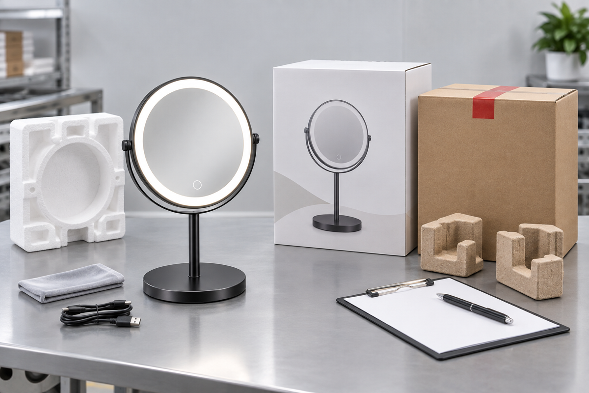 LED makeup mirror e-commerce packaging damage prevention cover with complete mirror foam insert carton retail box and QC clipboard