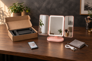 Complete pink tri-fold LED makeup mirror with mailer, USB cable, pouch and phone for e-commerce listing-to-package checks