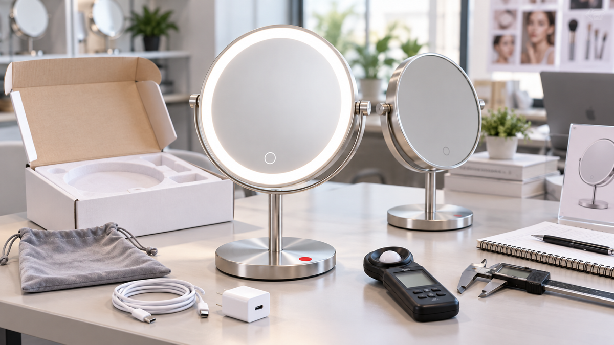 LED makeup mirror sample review table with complete rechargeable mirror USB-C cable adapter packaging insert and QC tools