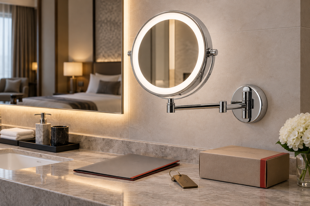 Hotel LED makeup mirror specification cover with complete wall-mounted lighted mirror in a hotel vanity project scene