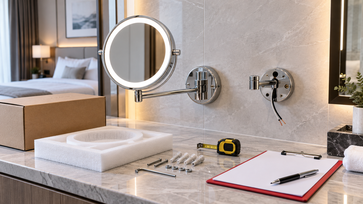 Hotel LED wall-mounted makeup mirror installation review with complete mirror, mounting hardware, packaging insert, and inspection clipboard