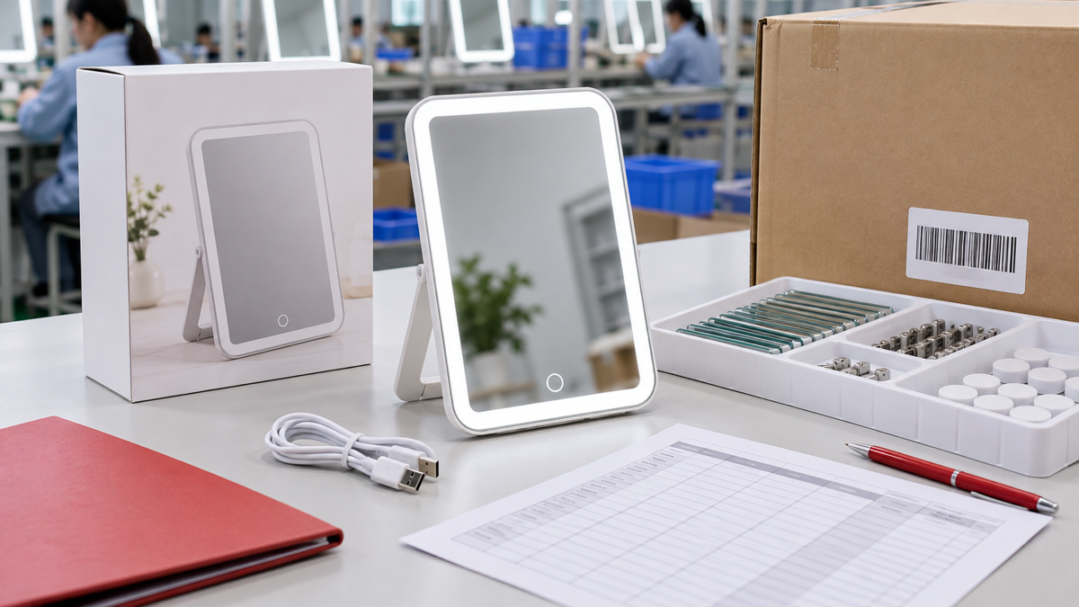 LED makeup mirror MOQ planning body image with complete rectangular LED mirror retail box USB-C cable component tray master carton and order planning sheet