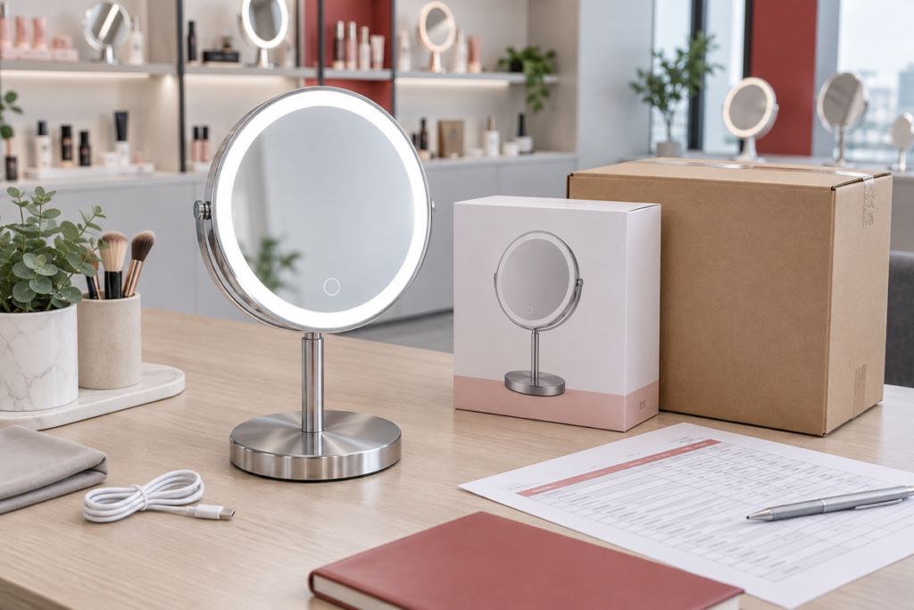 LED makeup mirror MOQ planning cover with complete lighted tabletop mirror retail box master carton USB-C cable and quantity planning sheet