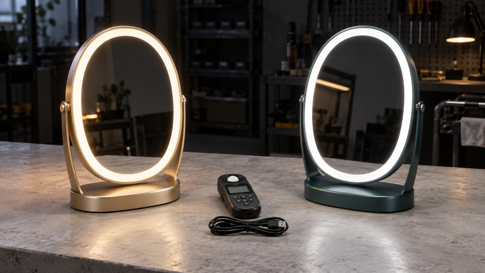 Illustrative oval LED makeup mirrors showing separate uniform warm and neutral lighting for sample comparison