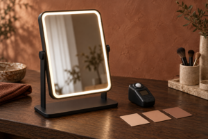 Illustrative black rectangular LED makeup mirror with uniform warm lighting and color evaluation tools