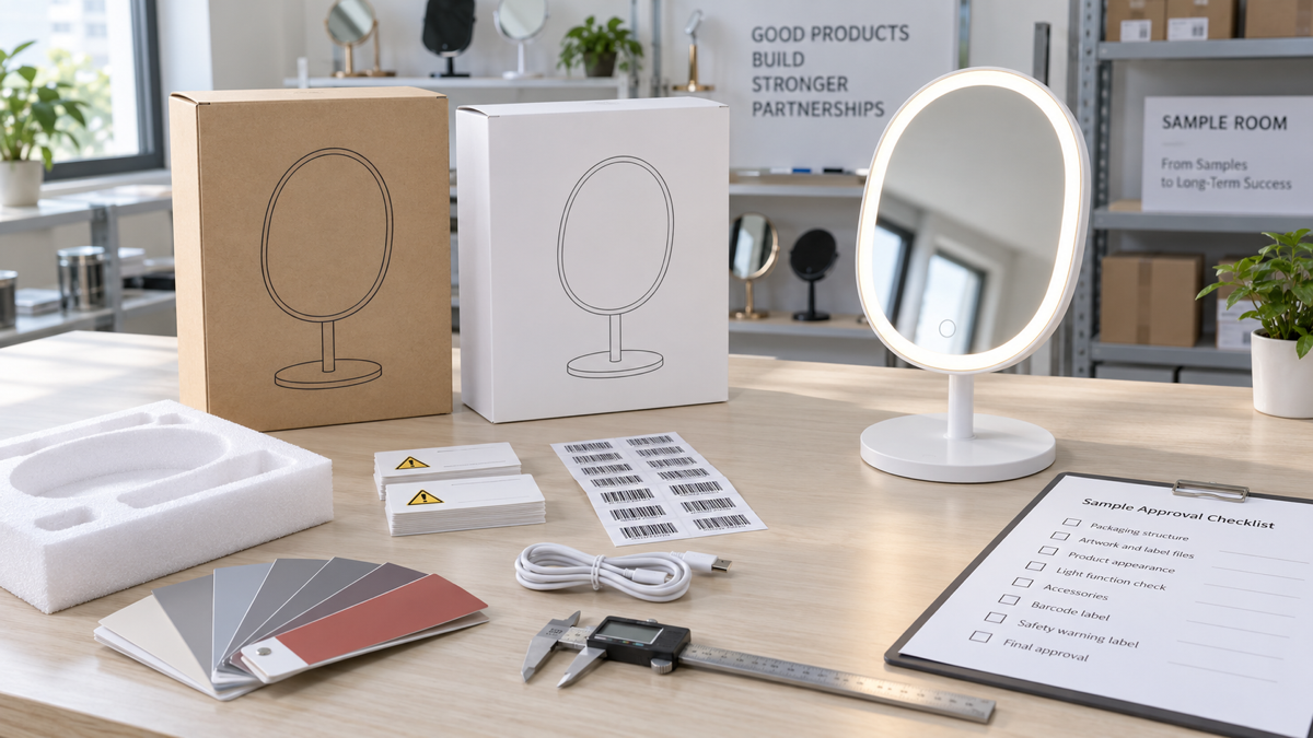 LED makeup mirror private label packaging approval workbench with complete oval lighted mirror, blank retail box versions, barcode labels, foam insert, cable, and QC tools