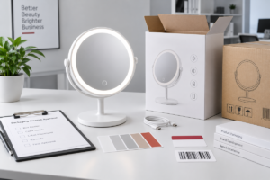 Private label LED makeup mirror packaging artwork approval scene with complete lighted tabletop mirror, retail box, carton, labels, and color samples