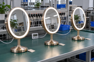 Illustrative aging-test bench with three complete oval LED makeup mirrors and individual power connections