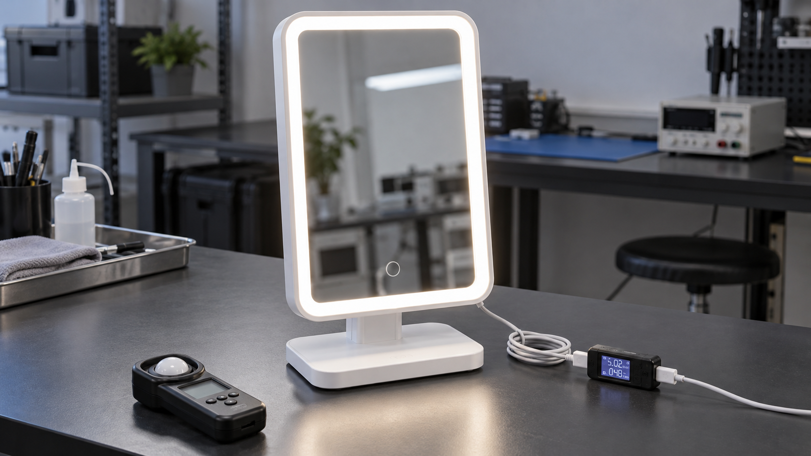 Illustrative QC bench with a complete rectangular LED makeup mirror, USB power tester and light meter