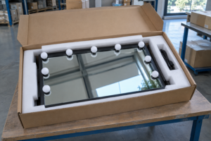 Illustrative Hollywood vanity mirror packaging scene with a complete black mirror, protective foam and separate cable compartment