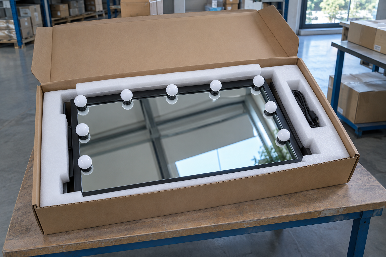 Illustrative Hollywood vanity mirror packaging scene with a complete black mirror, protective foam and separate cable compartment