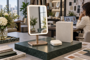 Illustrative retailer buying studio with a complete bronze LED tabletop mirror, ivory compact and retail carton