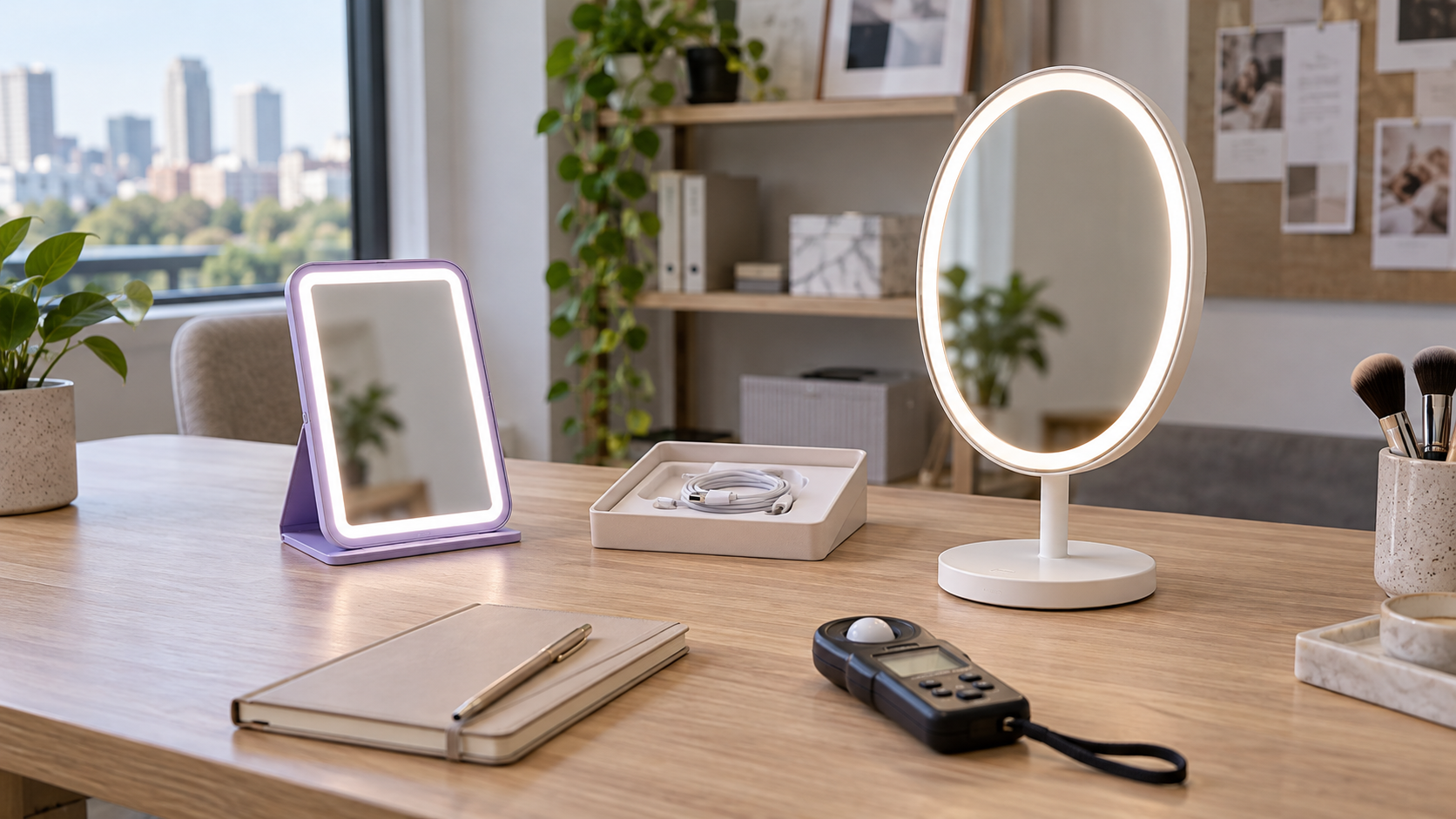 Illustrative sample review desk with complete lavender travel and white oval LED mirrors, accessory tray and light meter