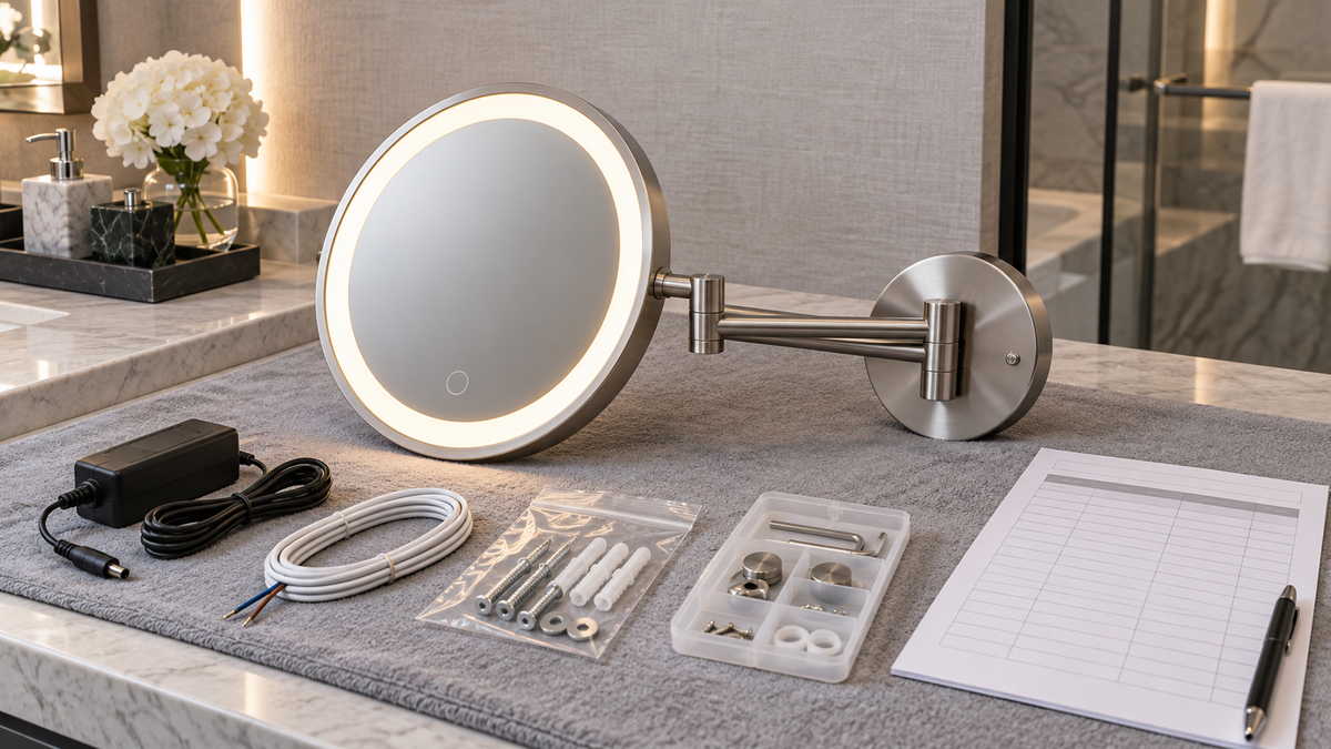 Hotel LED makeup mirror service handover with complete wall-mounted lighted mirror sample, power components, hardware pack, spare parts tray, and room schedule