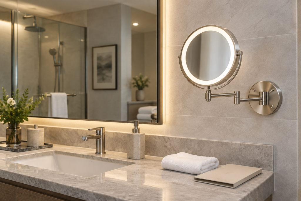 Hotel LED makeup mirror placement approval cover with complete wall-mounted lighted mirror in a guest bathroom