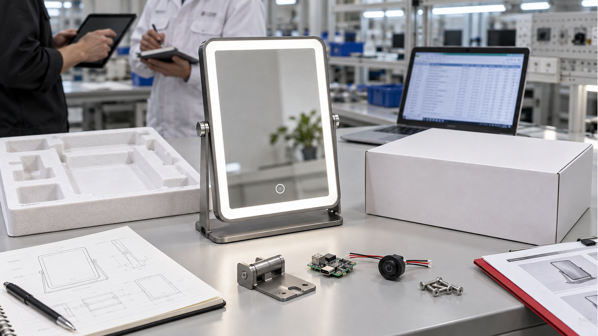 LED makeup mirror prototype review with tooling components and packaging proof