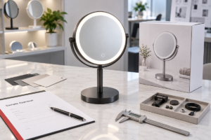 LED makeup mirror sample cost and tooling fee approval scene with complete lighted tabletop mirror packaging components and sample approval sheet