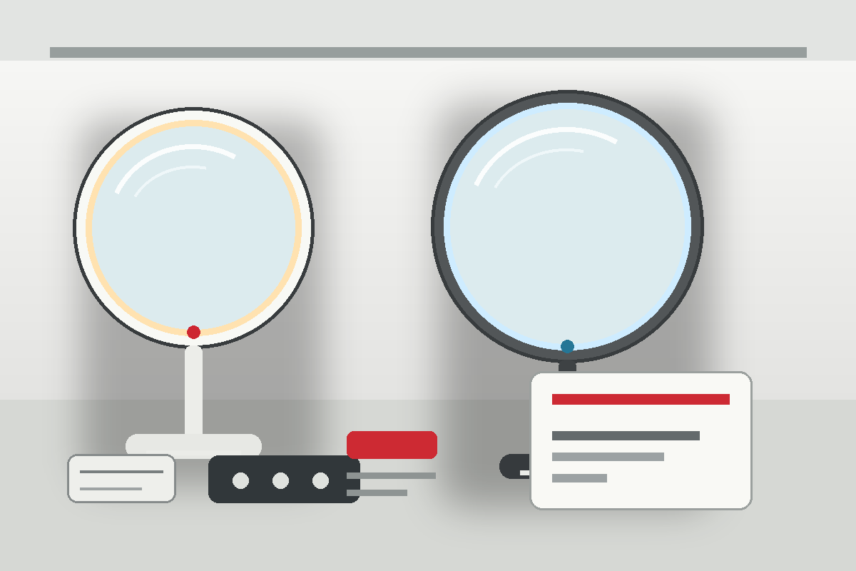 ABS and metal frame LED makeup mirrors compared on a buyer sample review bench
