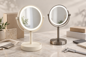 Photorealistic ABS and metal frame LED tabletop makeup mirrors on a B2B sample review bench